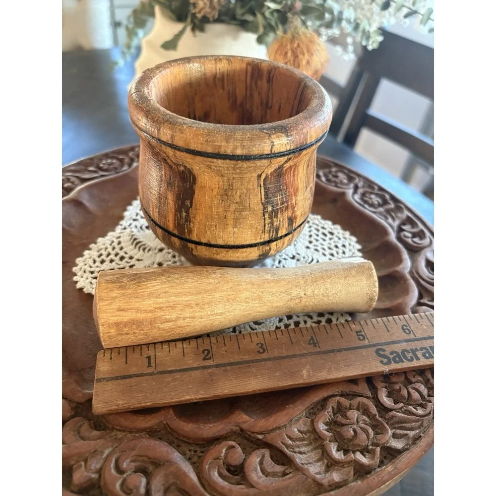 Vintage Handmade Wooden Mortar and Pestle Set - Solid Wood Herb & Spice Grinder